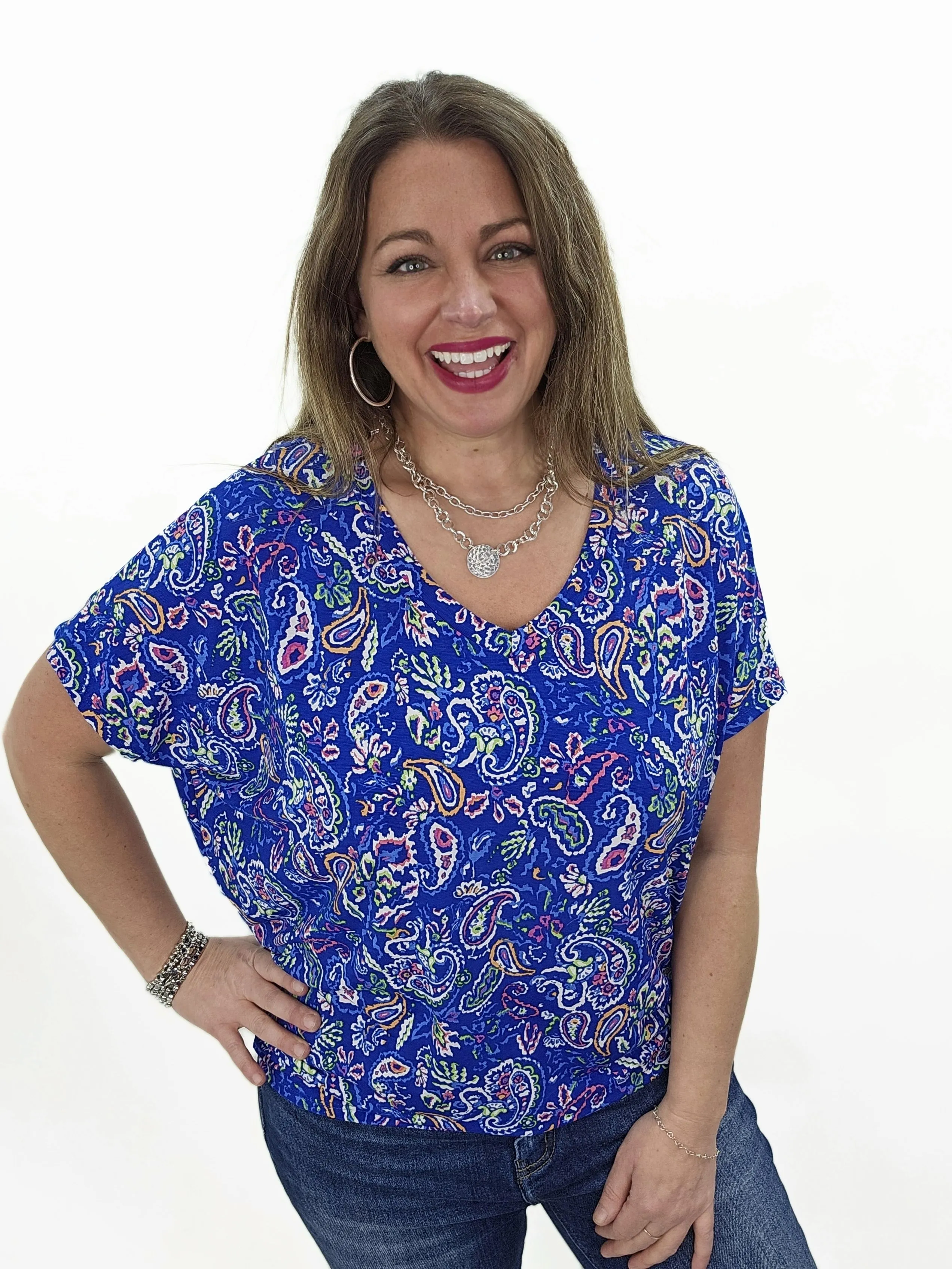 DEAR SCARLETT - SADIE TOP - ROYAL BLUE PAISLEY TOP