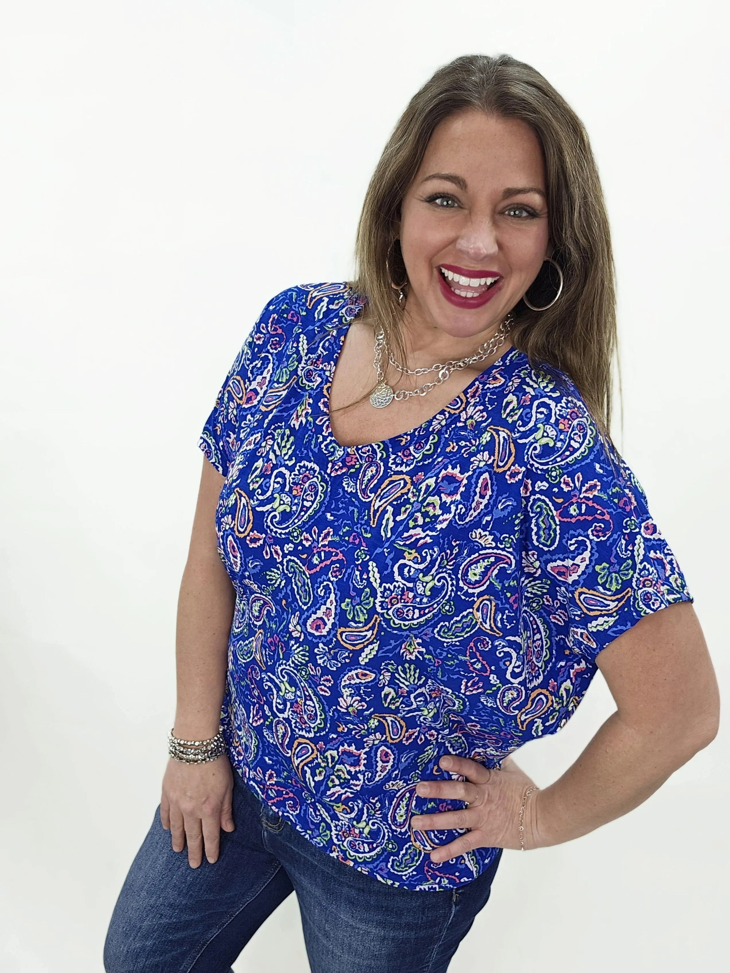 DEAR SCARLETT - SADIE TOP - ROYAL BLUE PAISLEY TOP