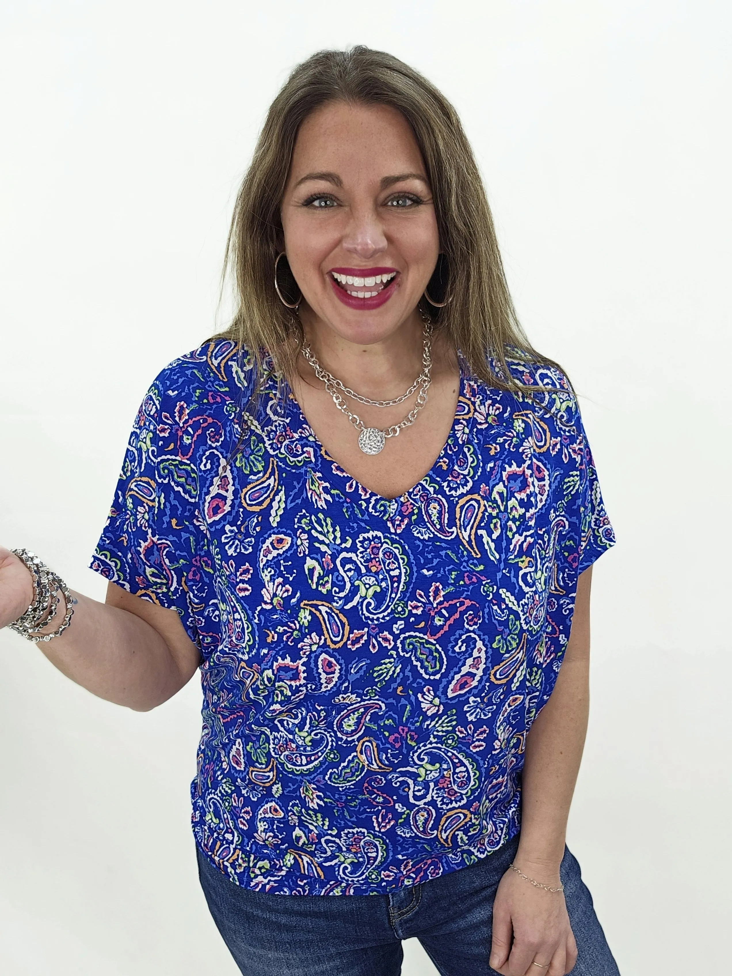 DEAR SCARLETT - SADIE TOP - ROYAL BLUE PAISLEY TOP