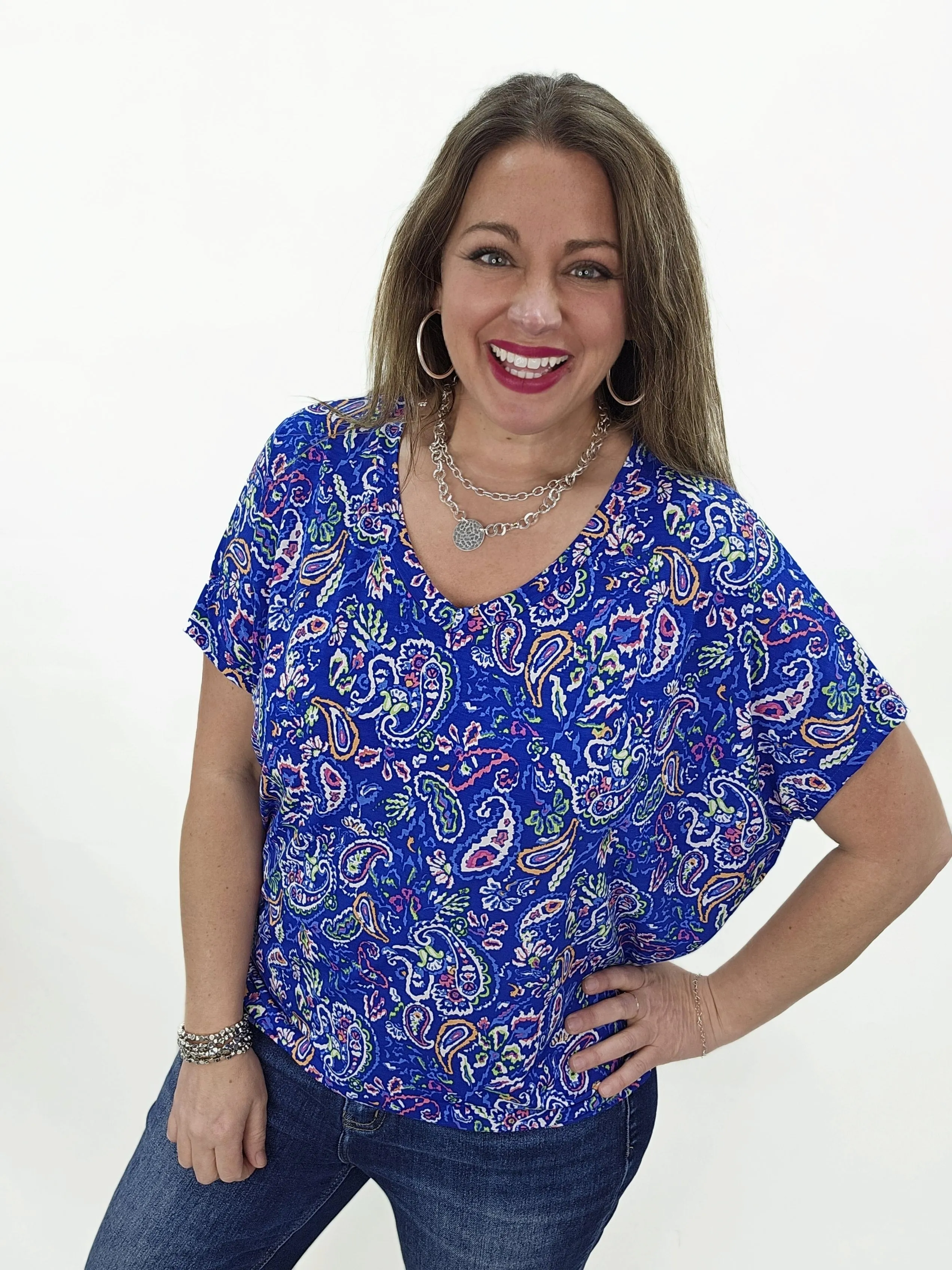 DEAR SCARLETT - SADIE TOP - ROYAL BLUE PAISLEY TOP