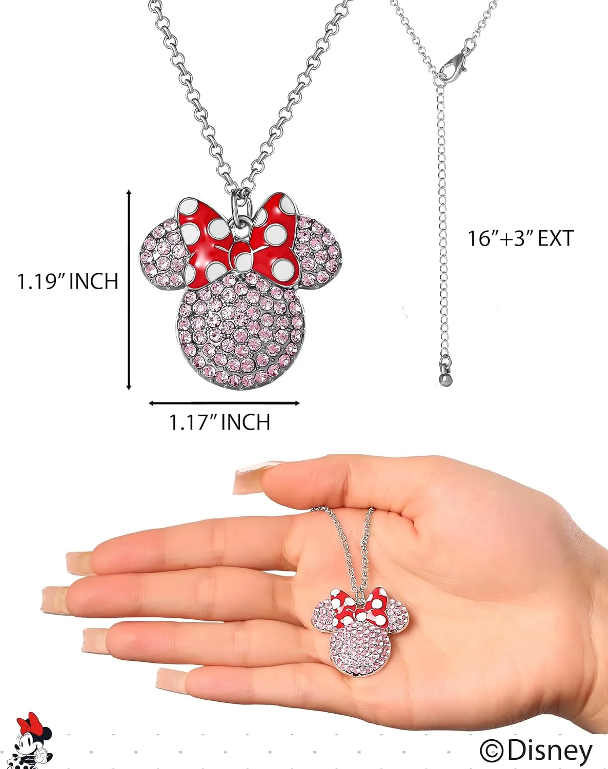 Disney Womens Minnie and Mickey Mouse Pave Crystal Necklaces  Officially Licensed Jewelry, 16" 3" Adjustable Chain