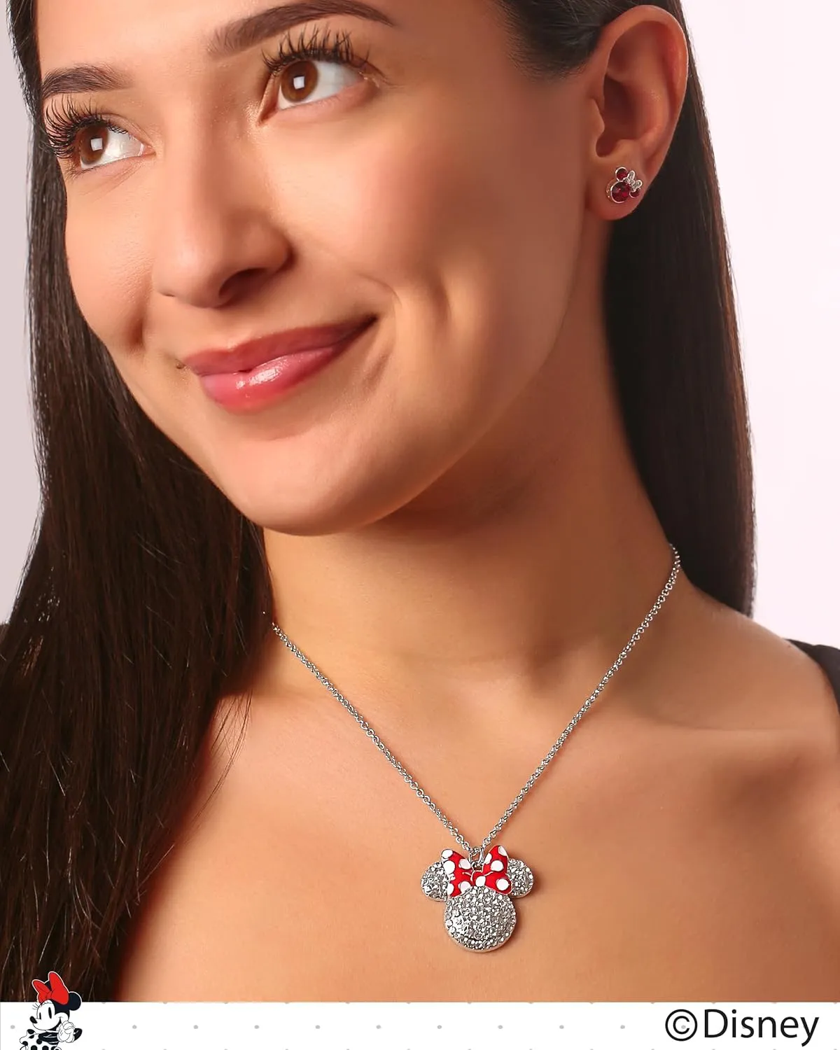 Disney Womens Minnie and Mickey Mouse Pave Crystal Necklaces  Officially Licensed Jewelry, 16" 3" Adjustable Chain
