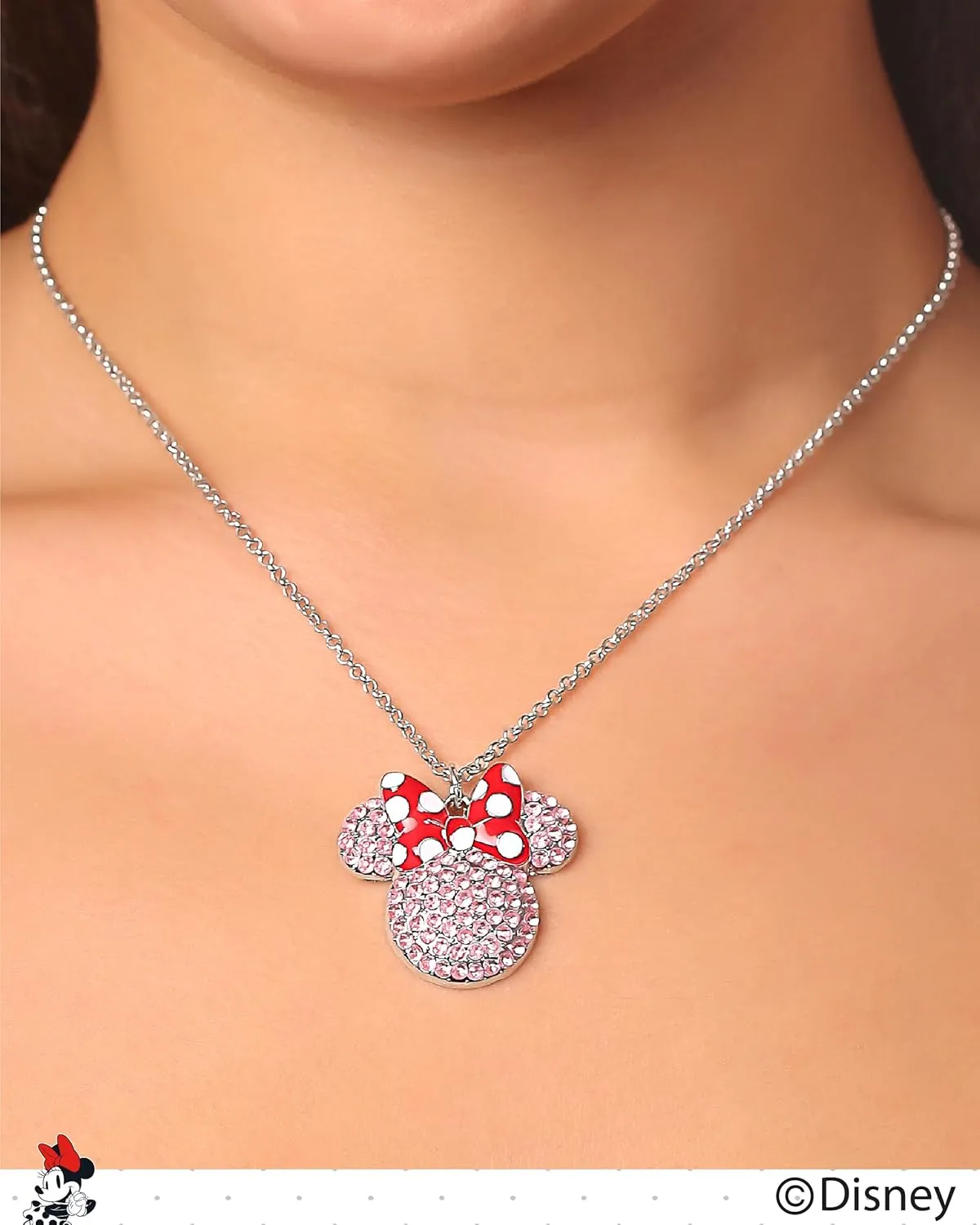 Disney Womens Minnie and Mickey Mouse Pave Crystal Necklaces  Officially Licensed Jewelry, 16" 3" Adjustable Chain