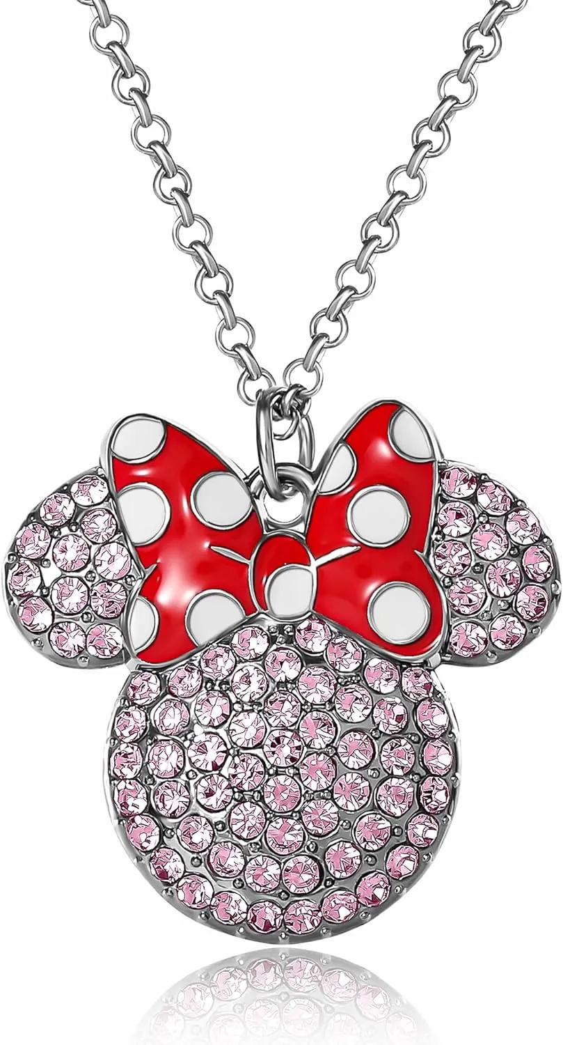 Disney Womens Minnie and Mickey Mouse Pave Crystal Necklaces  Officially Licensed Jewelry, 16" 3" Adjustable Chain