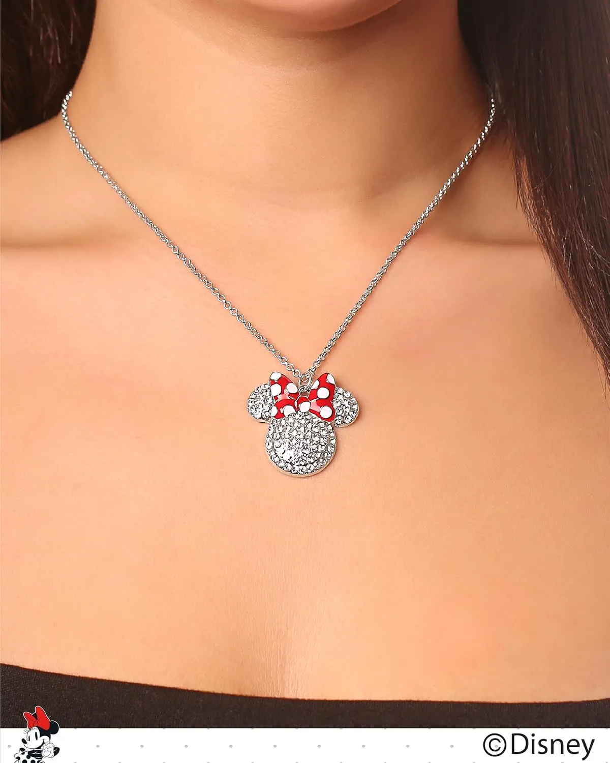 Disney Womens Minnie and Mickey Mouse Pave Crystal Necklaces  Officially Licensed Jewelry, 16" 3" Adjustable Chain