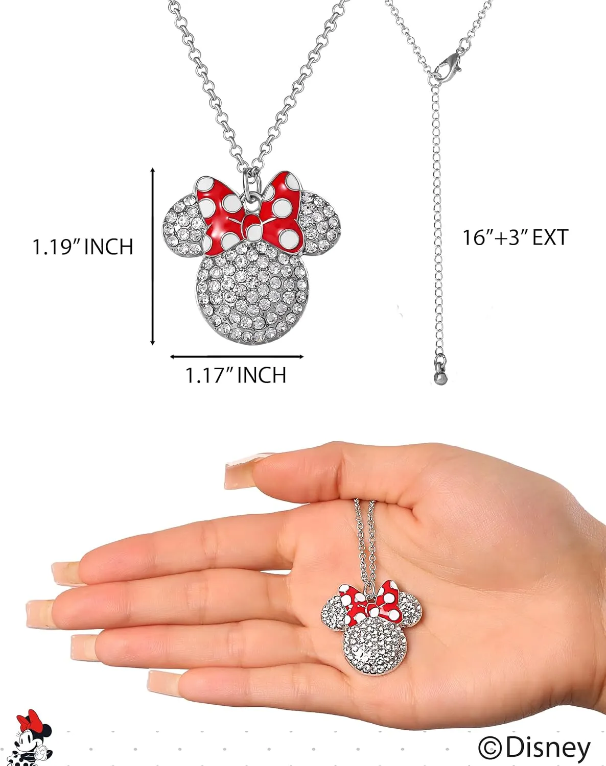 Disney Womens Minnie and Mickey Mouse Pave Crystal Necklaces  Officially Licensed Jewelry, 16" 3" Adjustable Chain