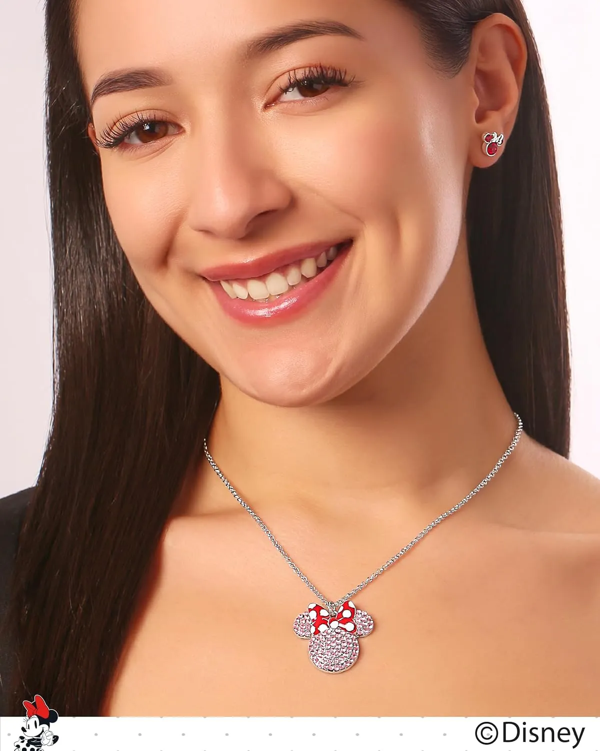 Disney Womens Minnie and Mickey Mouse Pave Crystal Necklaces  Officially Licensed Jewelry, 16" 3" Adjustable Chain