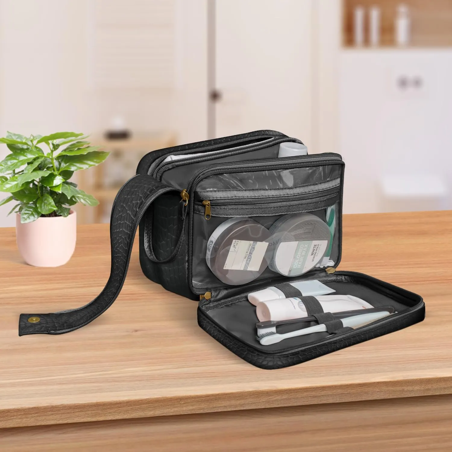 Dot&Dot Leather Toiletry Bag for Men Women - Spacious Womens Mens Toiletry Travel Bag, Large Travel Toiletries Bags (Black Croc, Large)