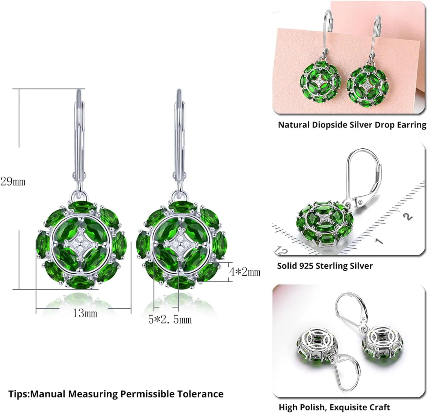 Drop Earrings for Women Setting Marquise Cut Natural Gemstone Chrome Diopside Tanzanite Birthstone Earring S925 Sterling Silver Cubic Zirconia Classic Style Fine Jewelry