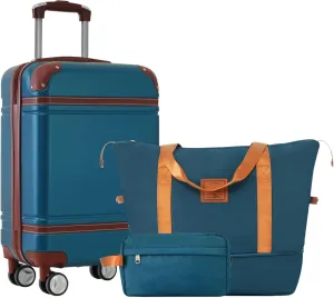 Durable and Spacious Hardshell Luggage Set with Bags, Carry-On Suitcase with Double Spinner Wheels, 20-Inch, Blue
