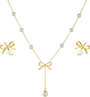 Elegant Stainless Steel Pearl Pendant Necklace & Earrings Set for Women, Hypoallergenic Jewelry Gift Set, Classic Boho Bridal Party Accessories