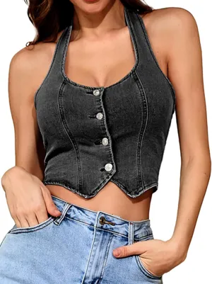 ELLEVEN Women's Denim Halter Top Jean Vest - Square Neck Button Front Slim Fit Crop Vest Western Summer Outfit