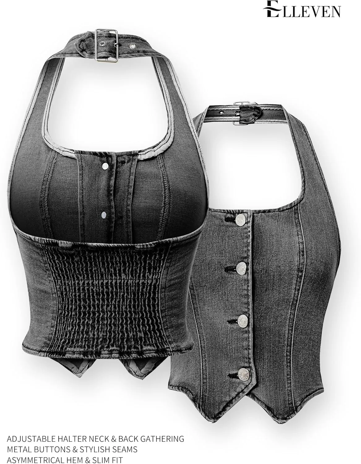 ELLEVEN Women's Denim Halter Top Jean Vest - Square Neck Button Front Slim Fit Crop Vest Western Summer Outfit