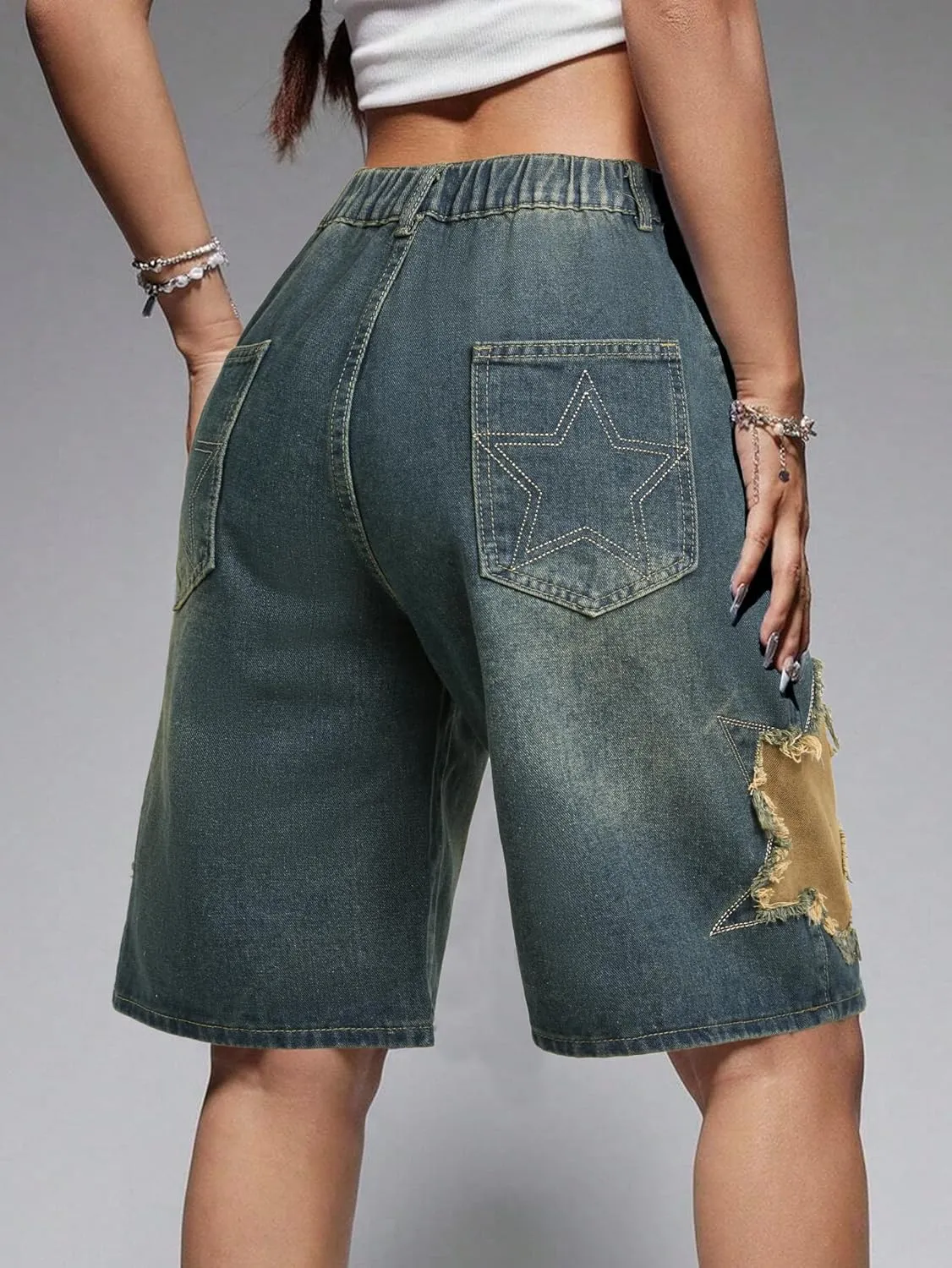EMMIOL Women Jorts Baggy Jeans Shorts Mid-Low Waisted Denim Y2K Hip-Hop Shorts Summer Hot Short Pants Streetwear