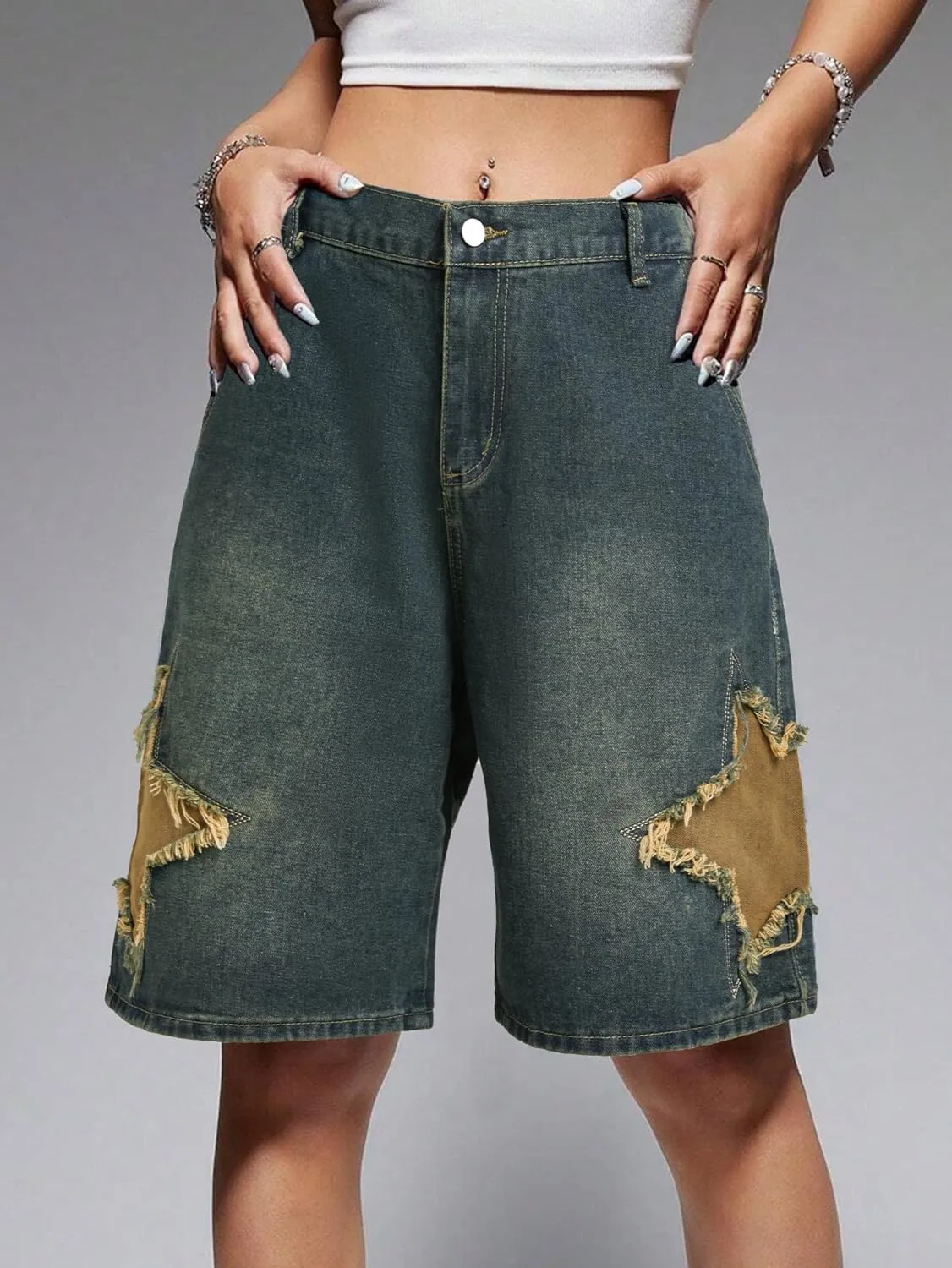 EMMIOL Women Jorts Baggy Jeans Shorts Mid-Low Waisted Denim Y2K Hip-Hop Shorts Summer Hot Short Pants Streetwear