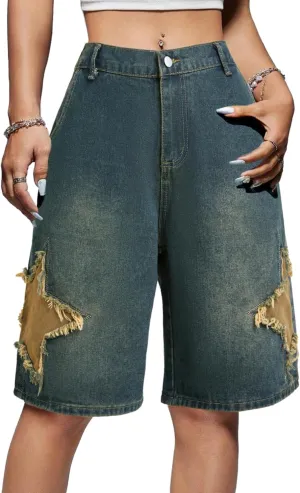 EMMIOL Women Jorts Baggy Jeans Shorts Mid-Low Waisted Denim Y2K Hip-Hop Shorts Summer Hot Short Pants Streetwear