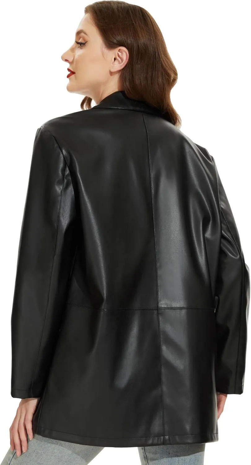 Fahsyee Women's Faux Leather Blazer Jackets, Motorcycle Oversized Moto Biker Coat Vegan Pleather Fashion