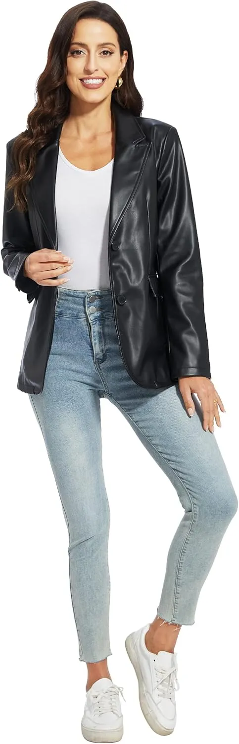 Fahsyee Women's Faux Leather Blazer Jackets, Motorcycle Oversized Moto Biker Coat Vegan Pleather Fashion