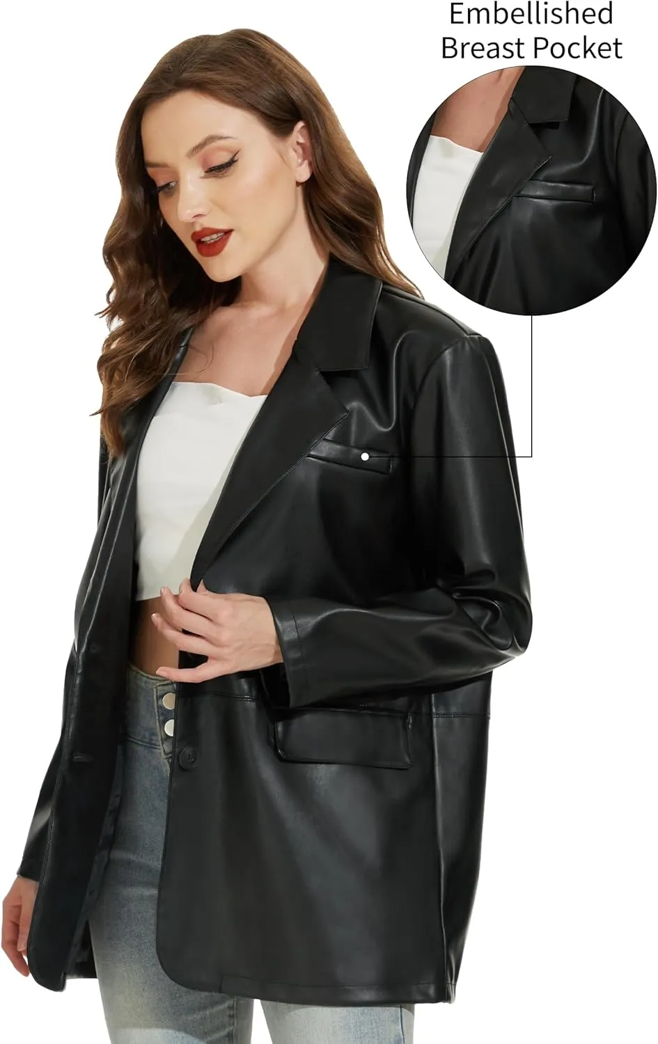 Fahsyee Women's Faux Leather Blazer Jackets, Motorcycle Oversized Moto Biker Coat Vegan Pleather Fashion