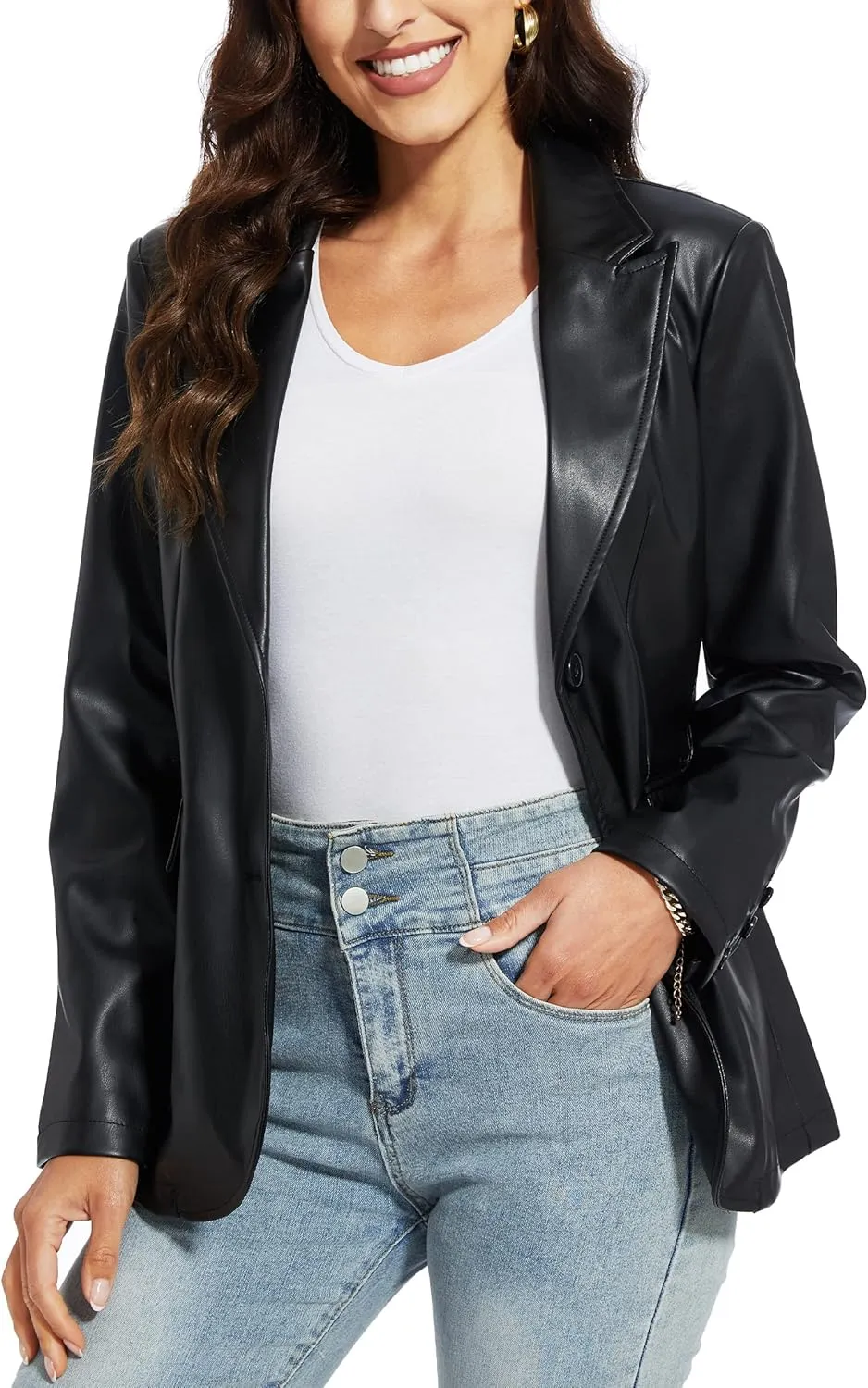 Fahsyee Women's Faux Leather Blazer Jackets, Motorcycle Oversized Moto Biker Coat Vegan Pleather Fashion