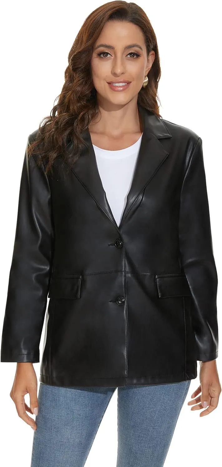 Fahsyee Women's Faux Leather Blazer Jackets, Motorcycle Oversized Moto Biker Coat Vegan Pleather Fashion
