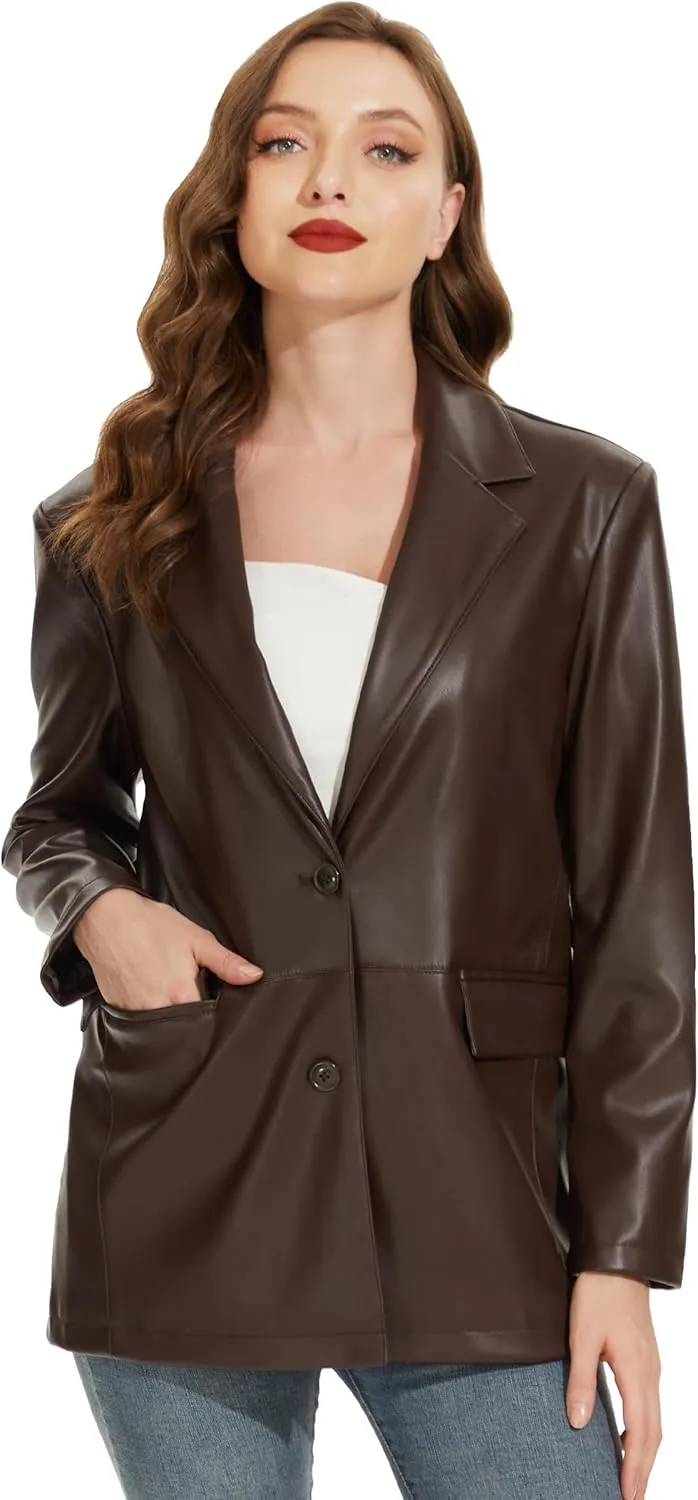 Fahsyee Women's Faux Leather Blazer Jackets, Motorcycle Oversized Moto Biker Coat Vegan Pleather Fashion