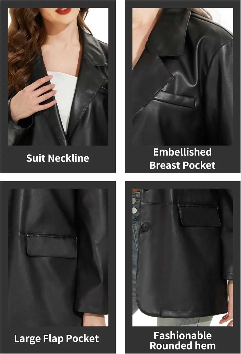 Fahsyee Women's Faux Leather Blazer Jackets, Motorcycle Oversized Moto Biker Coat Vegan Pleather Fashion