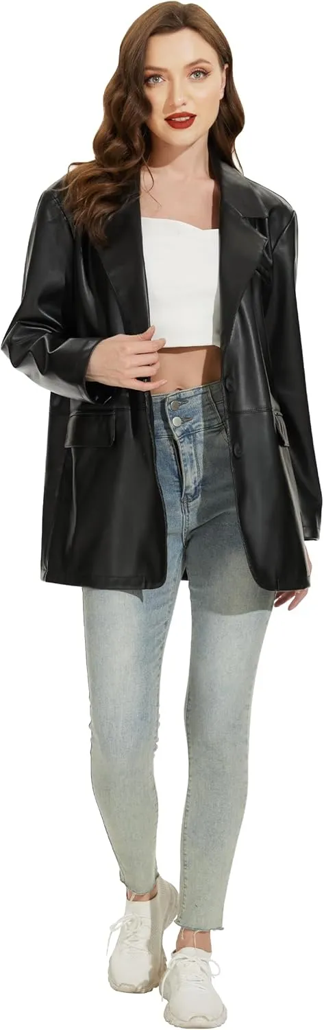 Fahsyee Women's Faux Leather Blazer Jackets, Motorcycle Oversized Moto Biker Coat Vegan Pleather Fashion