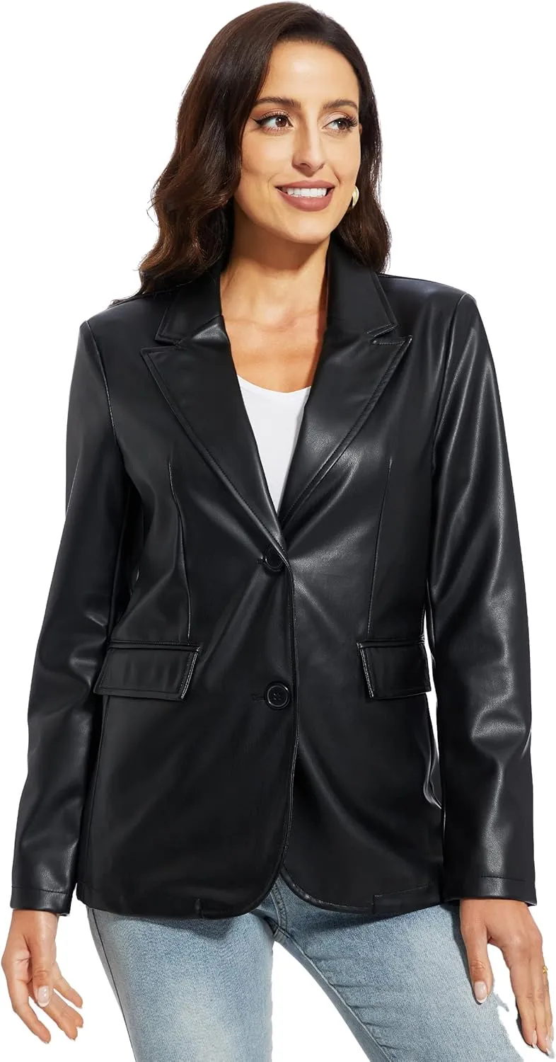Fahsyee Women's Faux Leather Blazer Jackets, Motorcycle Oversized Moto Biker Coat Vegan Pleather Fashion