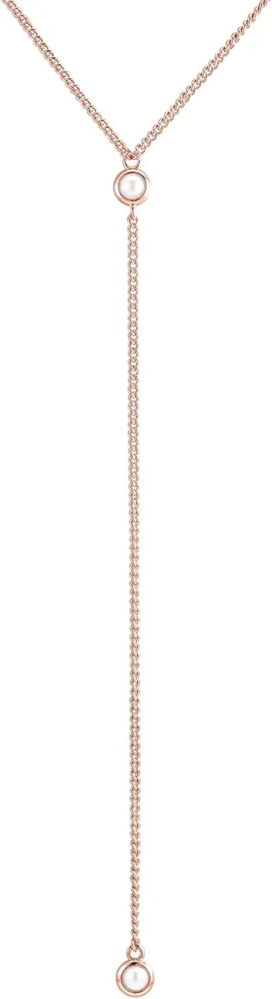 Faire de la Mode 14k Gold Plated Sterling Silver Lariat Necklace with 2 Delicate Pearl in a 3.25" Dainty Drop Pendant, 16" - 19" Gold Plated Sterling Silver Long Necklace for Women
