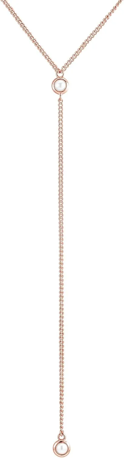 Faire de la Mode 14k Gold Plated Sterling Silver Lariat Necklace with 2 Delicate Pearl in a 3.25" Dainty Drop Pendant, 16" - 19" Gold Plated Sterling Silver Long Necklace for Women