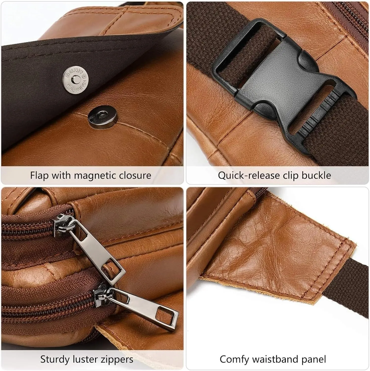 Fanny Pack for Men and Women, Leather Sling Waist Bag for Hiking Running Travel - Cowhide Leather(Brown)