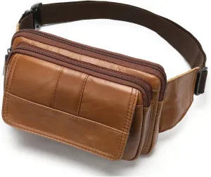 Fanny Pack for Men and Women, Leather Sling Waist Bag for Hiking Running Travel - Cowhide Leather(Brown)