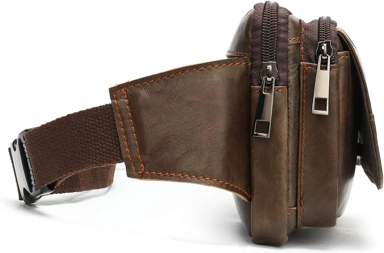 Fanny Pack for Men and Women, Leather Sling Waist Bag for Hiking Running Travel - Cowhide Leather(Coffee)