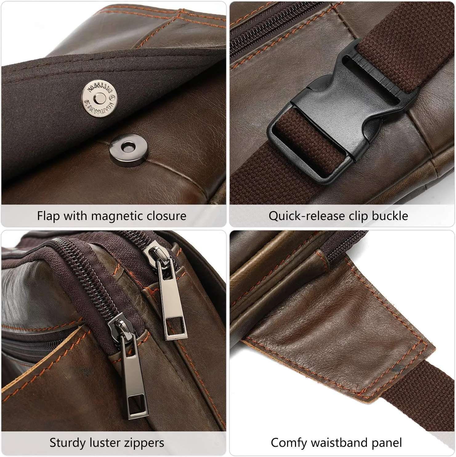 Fanny Pack for Men and Women, Leather Sling Waist Bag for Hiking Running Travel - Cowhide Leather(Coffee)