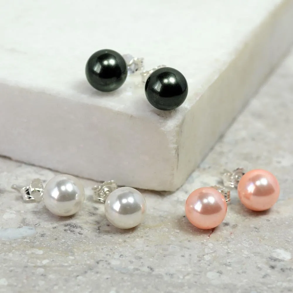 Fashion Bridal Simple Simulated Classic Black Grey White Pink Pearl Stud Ball Earrings For Women Teen .925 Sterling Silver 8, 9, 10, 12MM