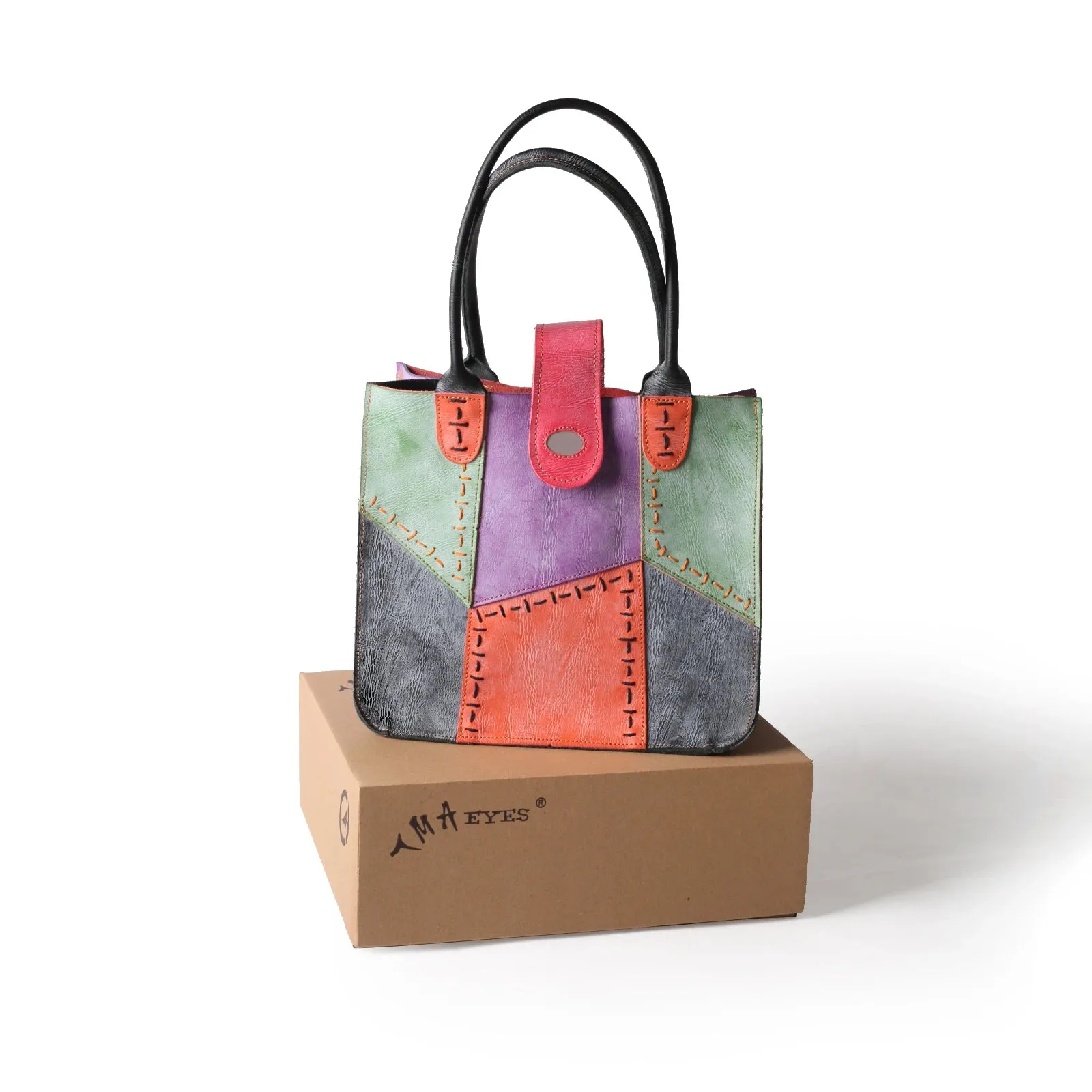 Fashion Womens Bag Made of Genuine Leather with Hand Stitching and Multi Colour Splicing