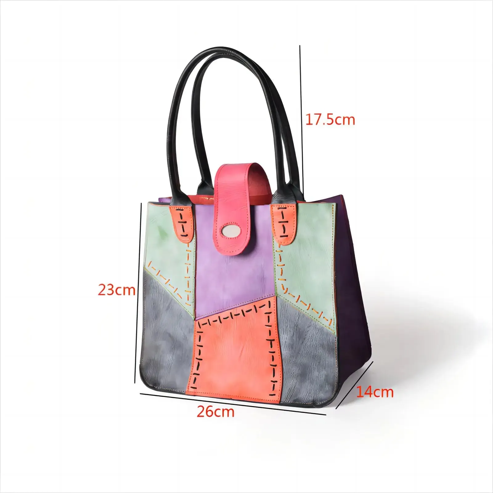 Fashion Womens Bag Made of Genuine Leather with Hand Stitching and Multi Colour Splicing