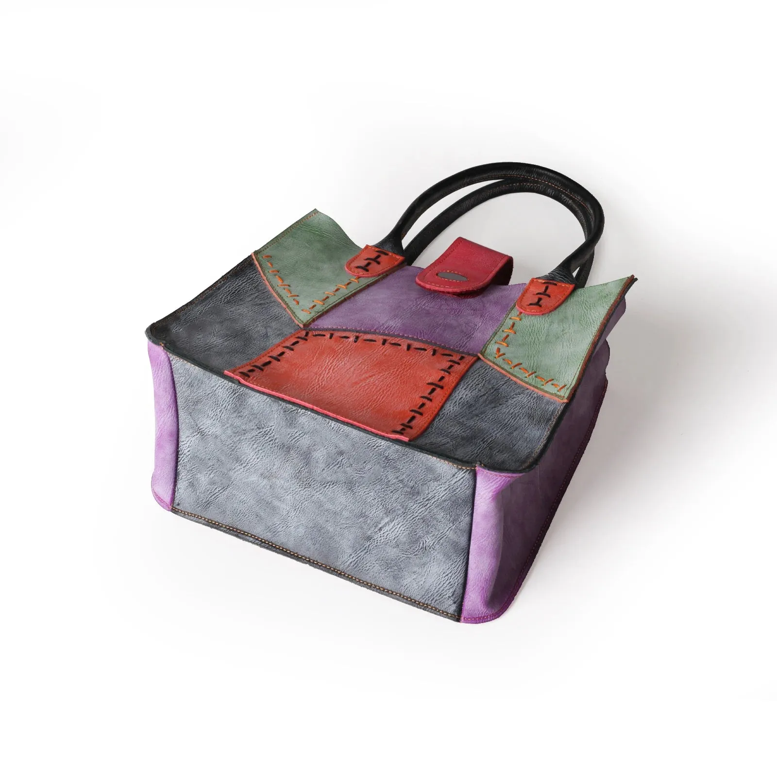 Fashion Womens Bag Made of Genuine Leather with Hand Stitching and Multi Colour Splicing