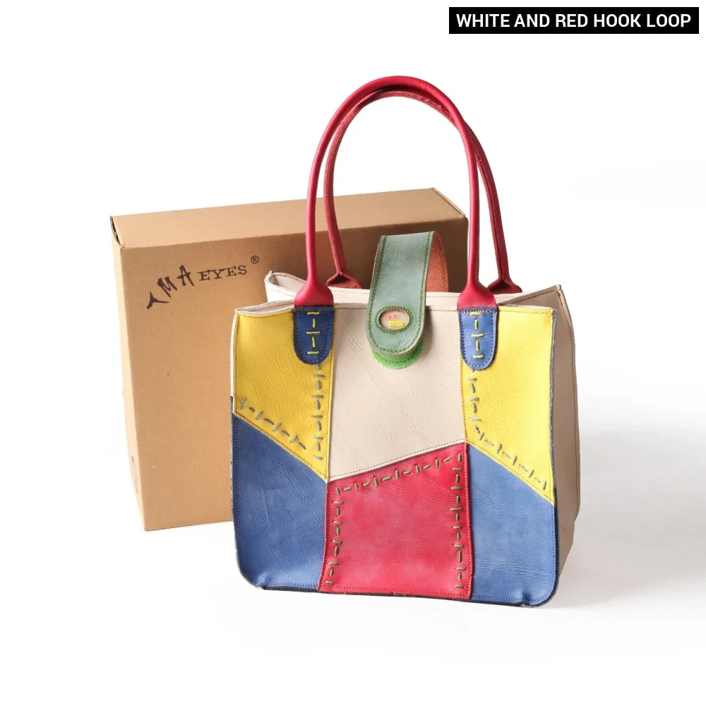 Fashion Womens Bag Made of Genuine Leather with Hand Stitching and Multi Colour Splicing