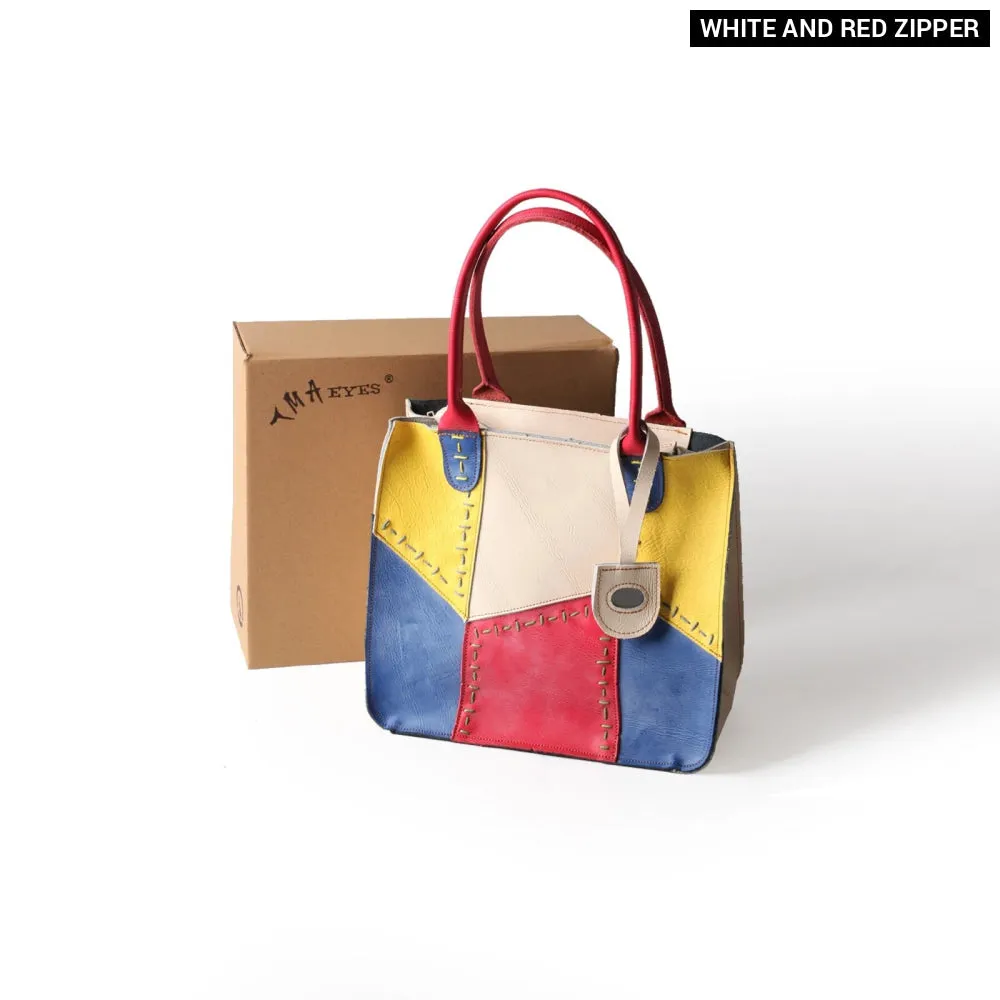 Fashion Womens Bag Made of Genuine Leather with Hand Stitching and Multi Colour Splicing