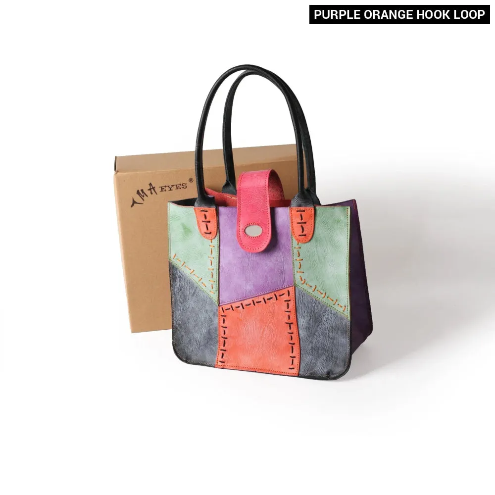 Fashion Womens Bag Made of Genuine Leather with Hand Stitching and Multi Colour Splicing