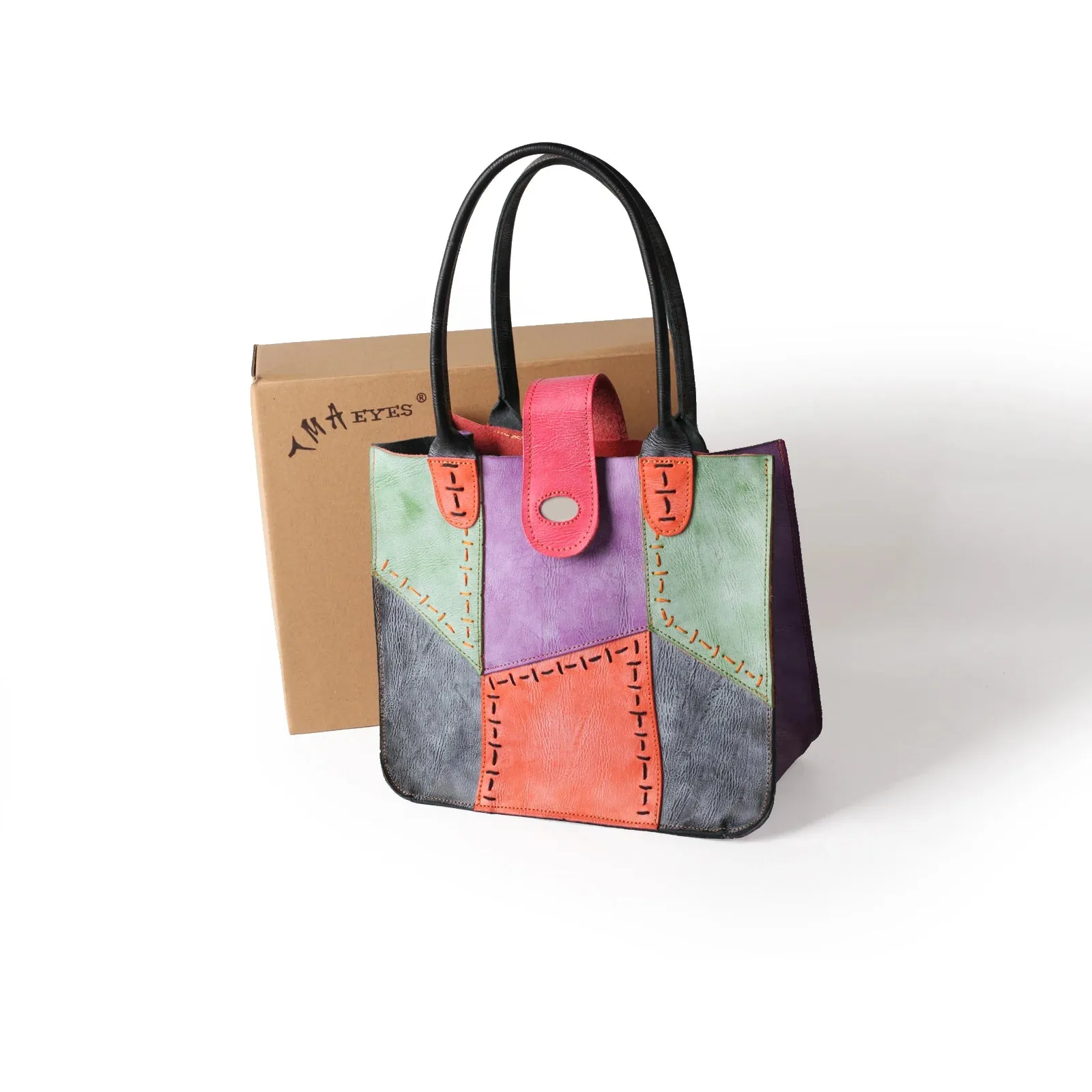 Fashion Womens Bag Made of Genuine Leather with Hand Stitching and Multi Colour Splicing