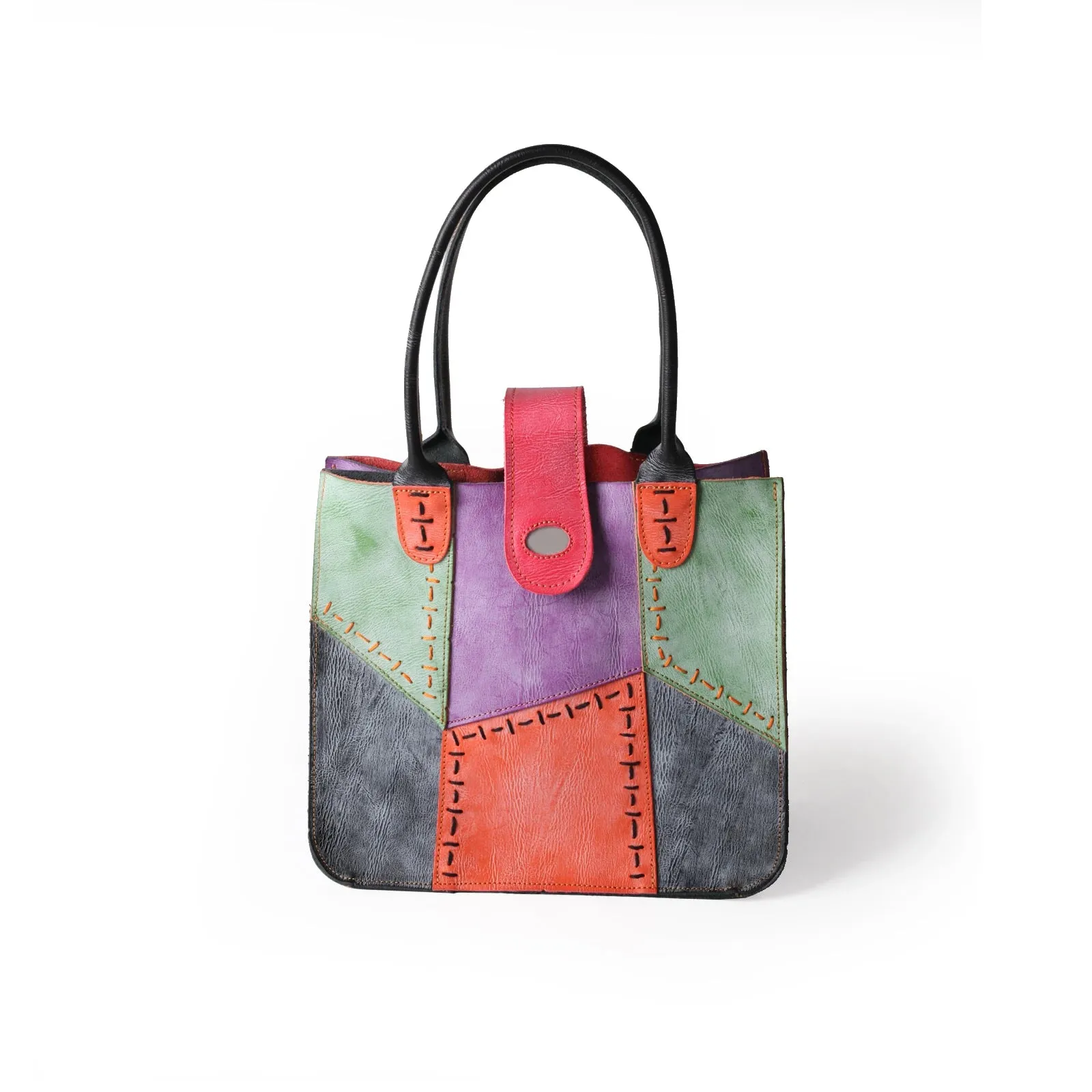 Fashion Womens Bag Made of Genuine Leather with Hand Stitching and Multi Colour Splicing