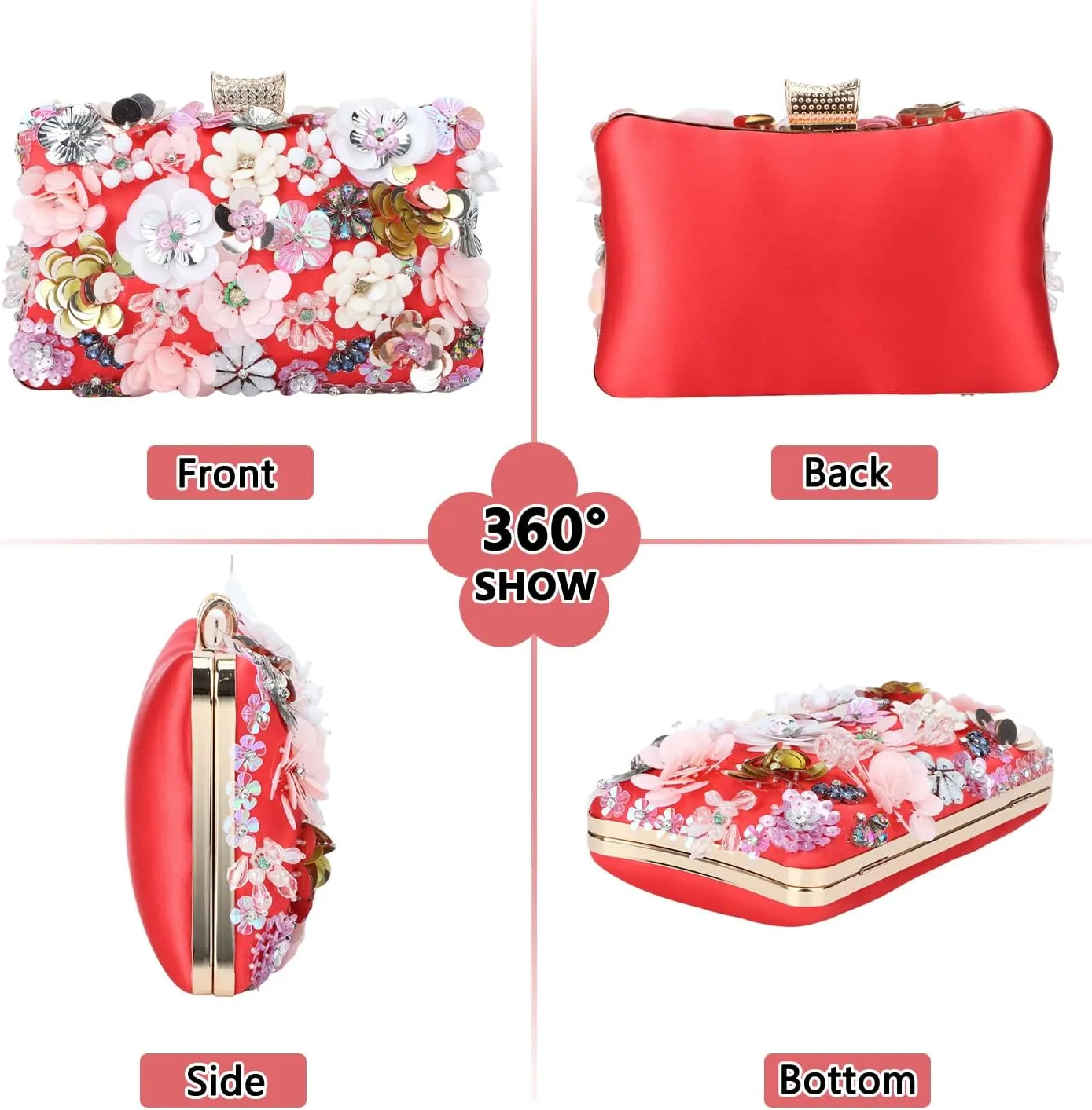 Fecialy Women's Floral Evening Handbags Colorful Rhinestone Clutch Purses Floral Bride Wedding Handbag Chain Shoulder Bag