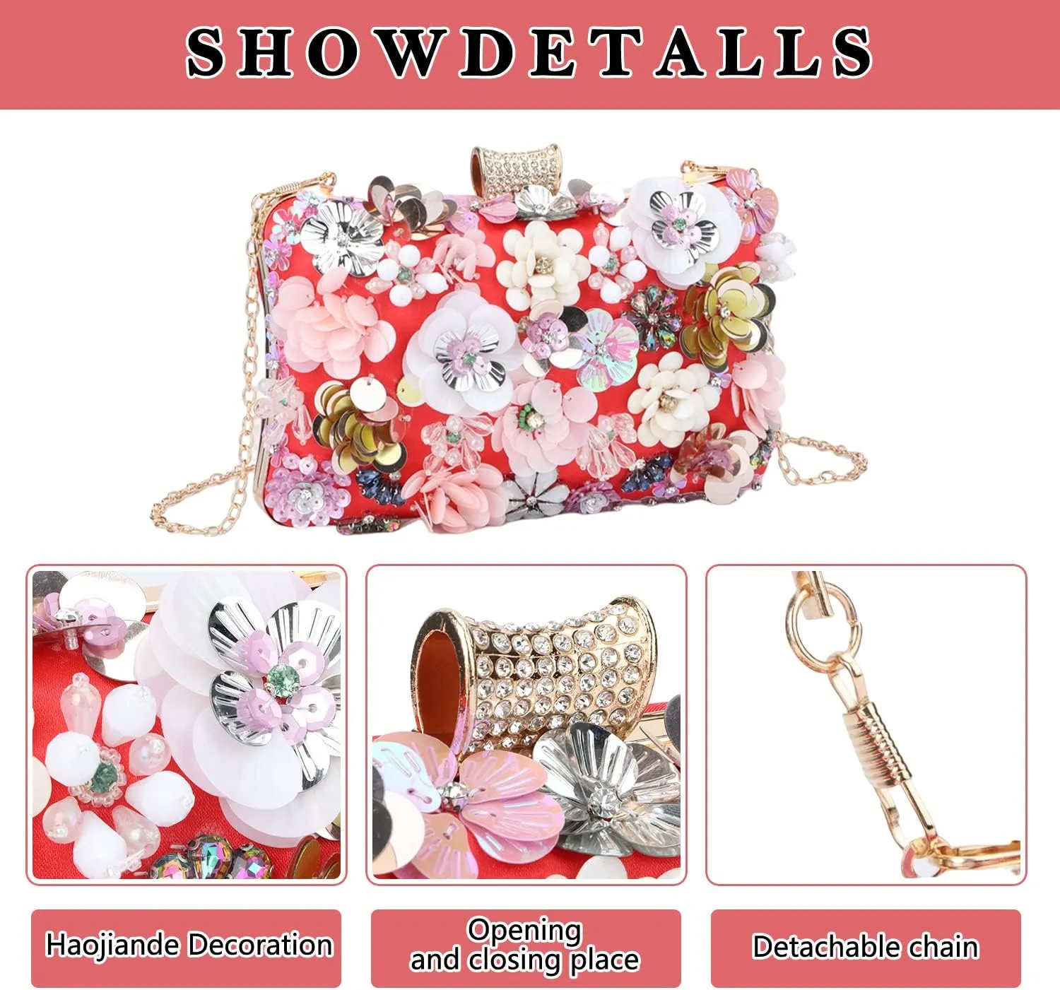 Fecialy Women's Floral Evening Handbags Colorful Rhinestone Clutch Purses Floral Bride Wedding Handbag Chain Shoulder Bag