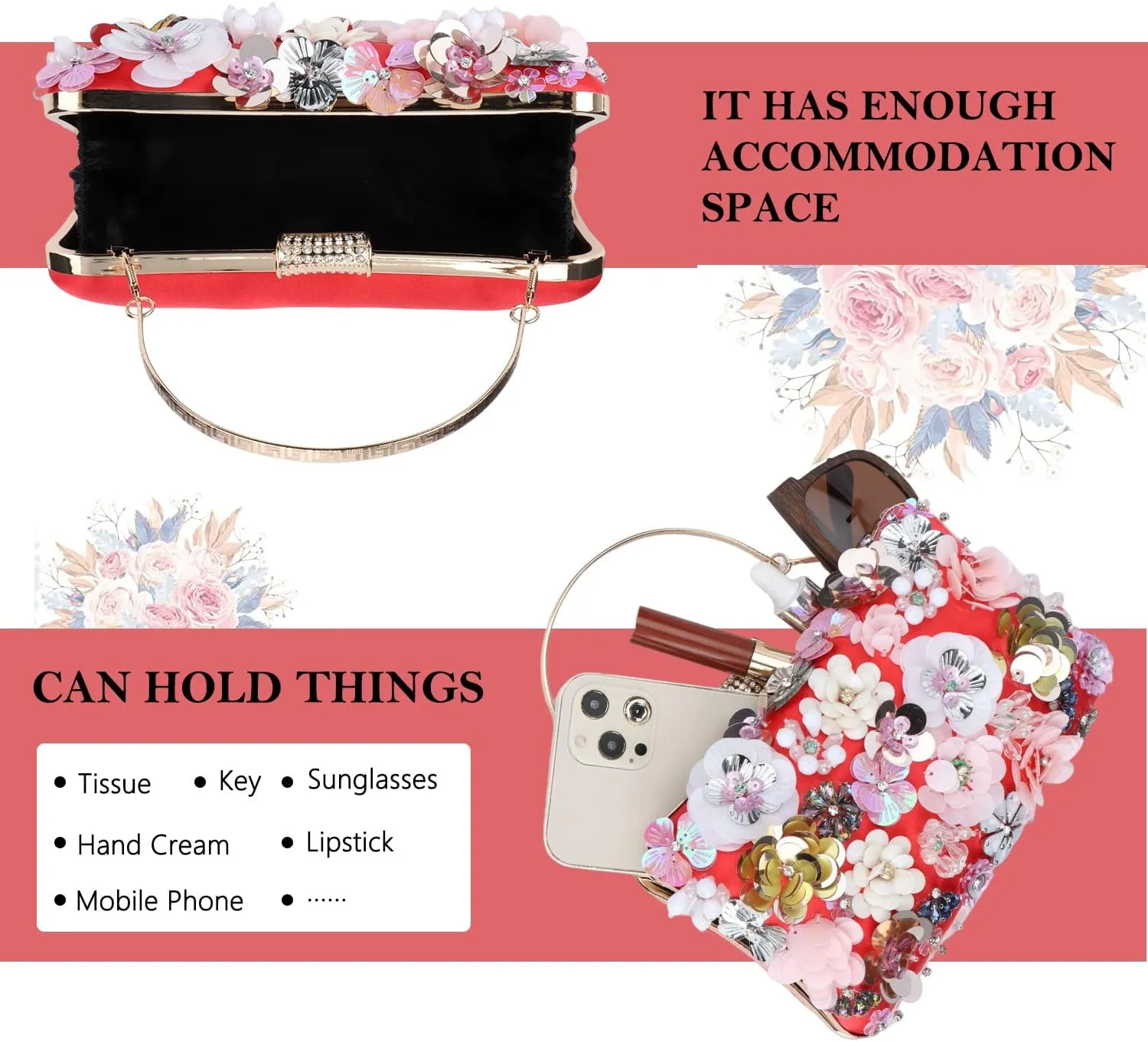 Fecialy Women's Floral Evening Handbags Colorful Rhinestone Clutch Purses Floral Bride Wedding Handbag Chain Shoulder Bag