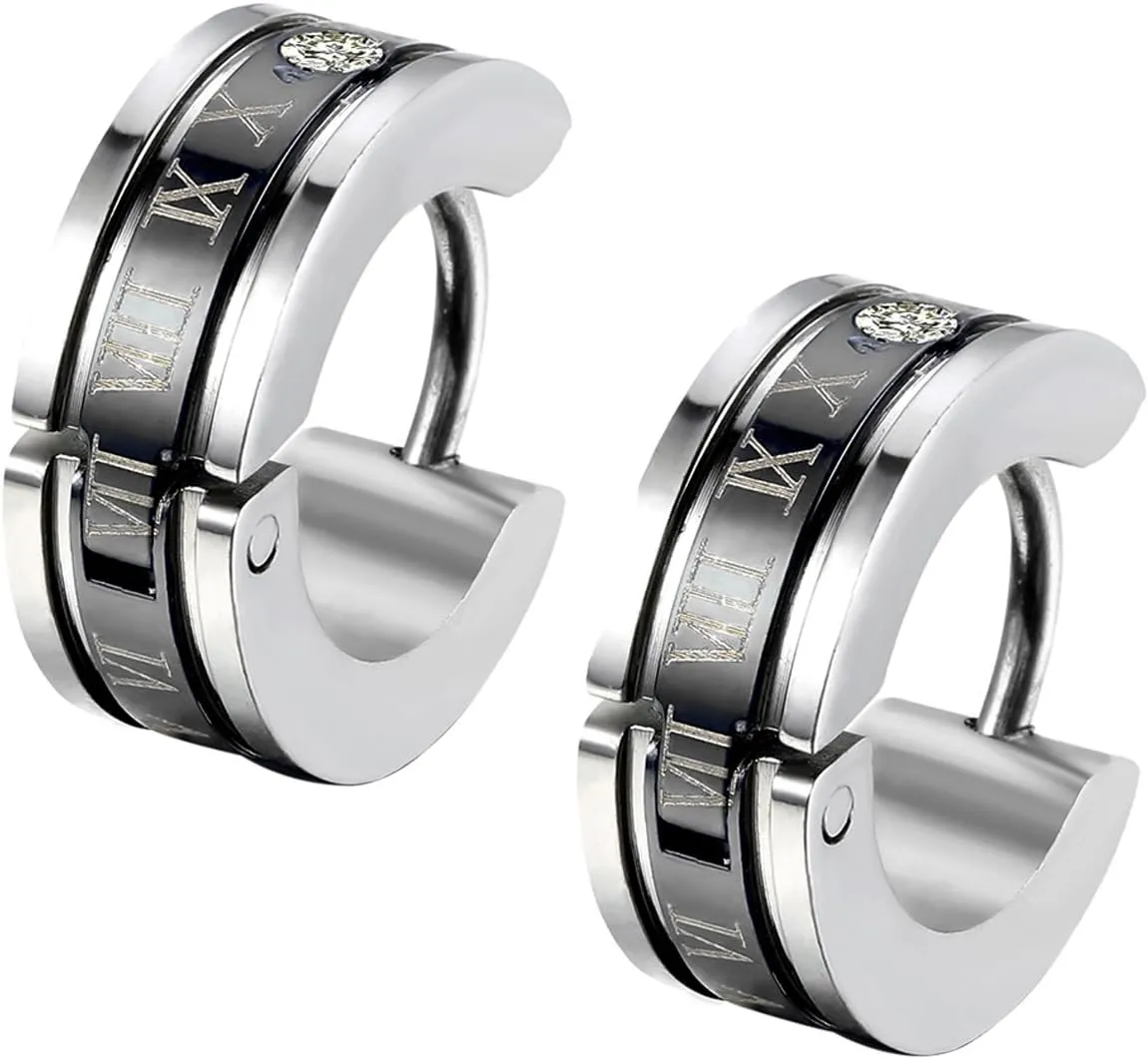 Flongo Men's Celtic Biker Stainless Steel Engraved Roman Numerals Polished Hoop Hinged Earrings, Classic Ear Plugs Huggie Earrings for Men Women