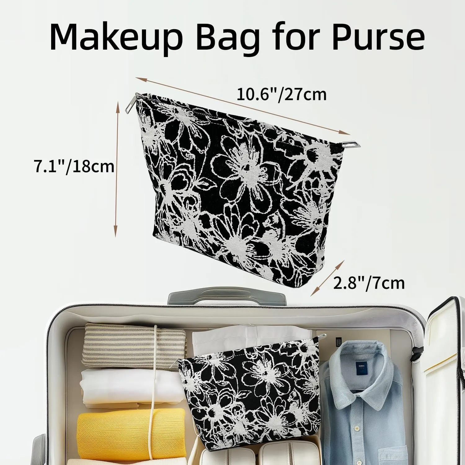 Floral Makeup Bag for Women,Travel Makeup Bags for Purse, Black Makeup Bag, Canvas Make Up Bag, Light Lining Comfortable Lightweight Makeup Bag, Zipper Pouch Bags, Cosmetic Bag for Women