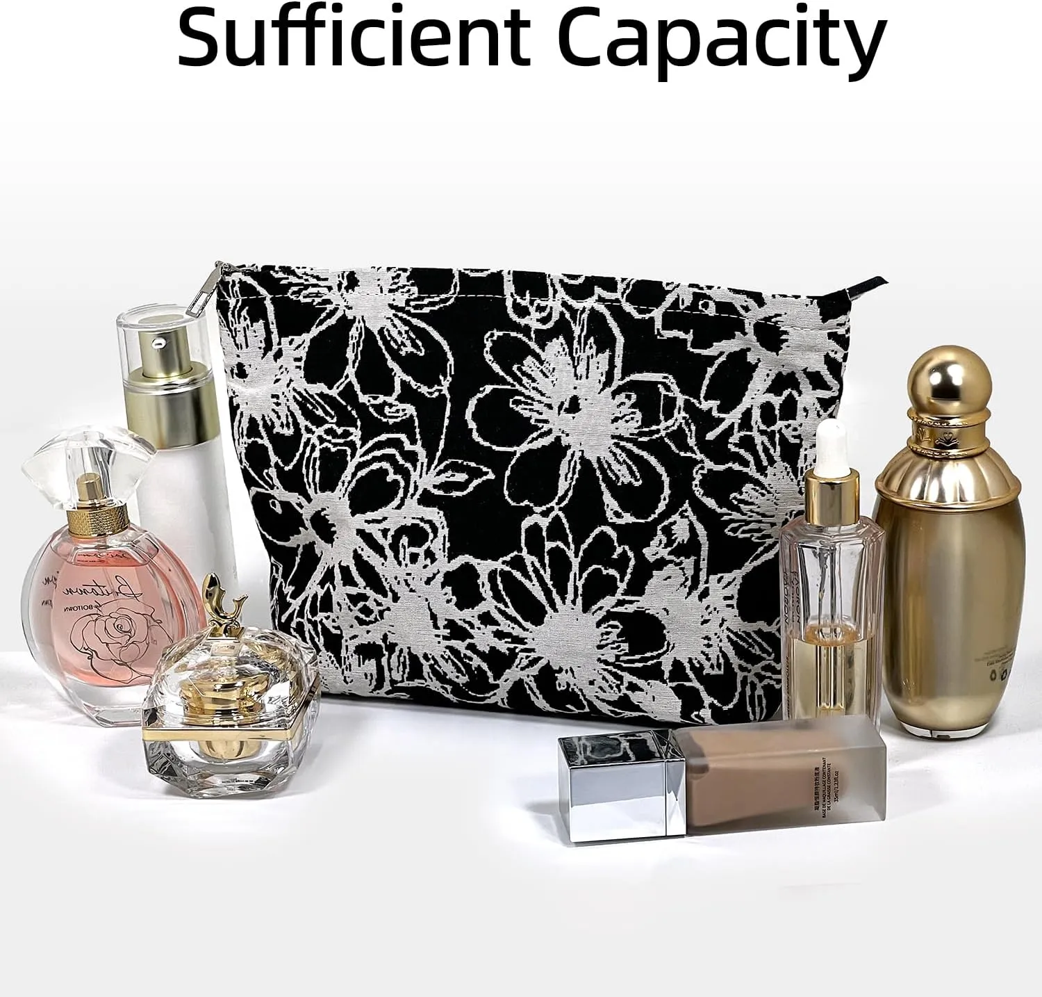 Floral Makeup Bag for Women,Travel Makeup Bags for Purse, Black Makeup Bag, Canvas Make Up Bag, Light Lining Comfortable Lightweight Makeup Bag, Zipper Pouch Bags, Cosmetic Bag for Women